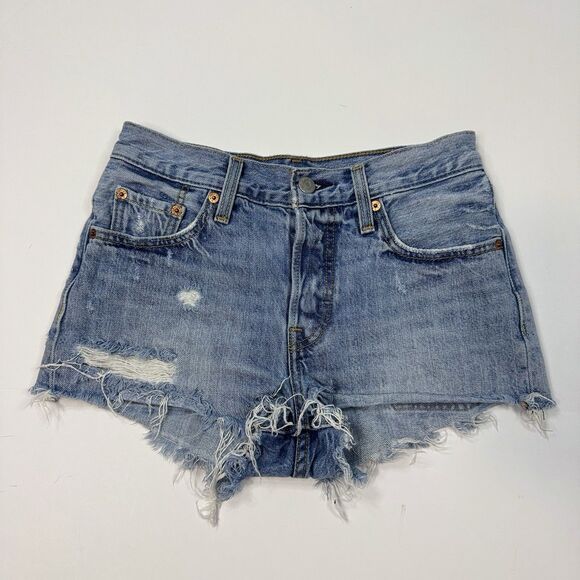 Levi’s 501 Mid Rise Cutoff Shorts Womens 24 Blue Distressed Denim Frayed Hem Y2K - Picture 1 of 8